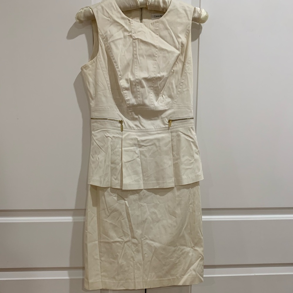 Calvin Klein White Dress, Gold Zippers and Peplum